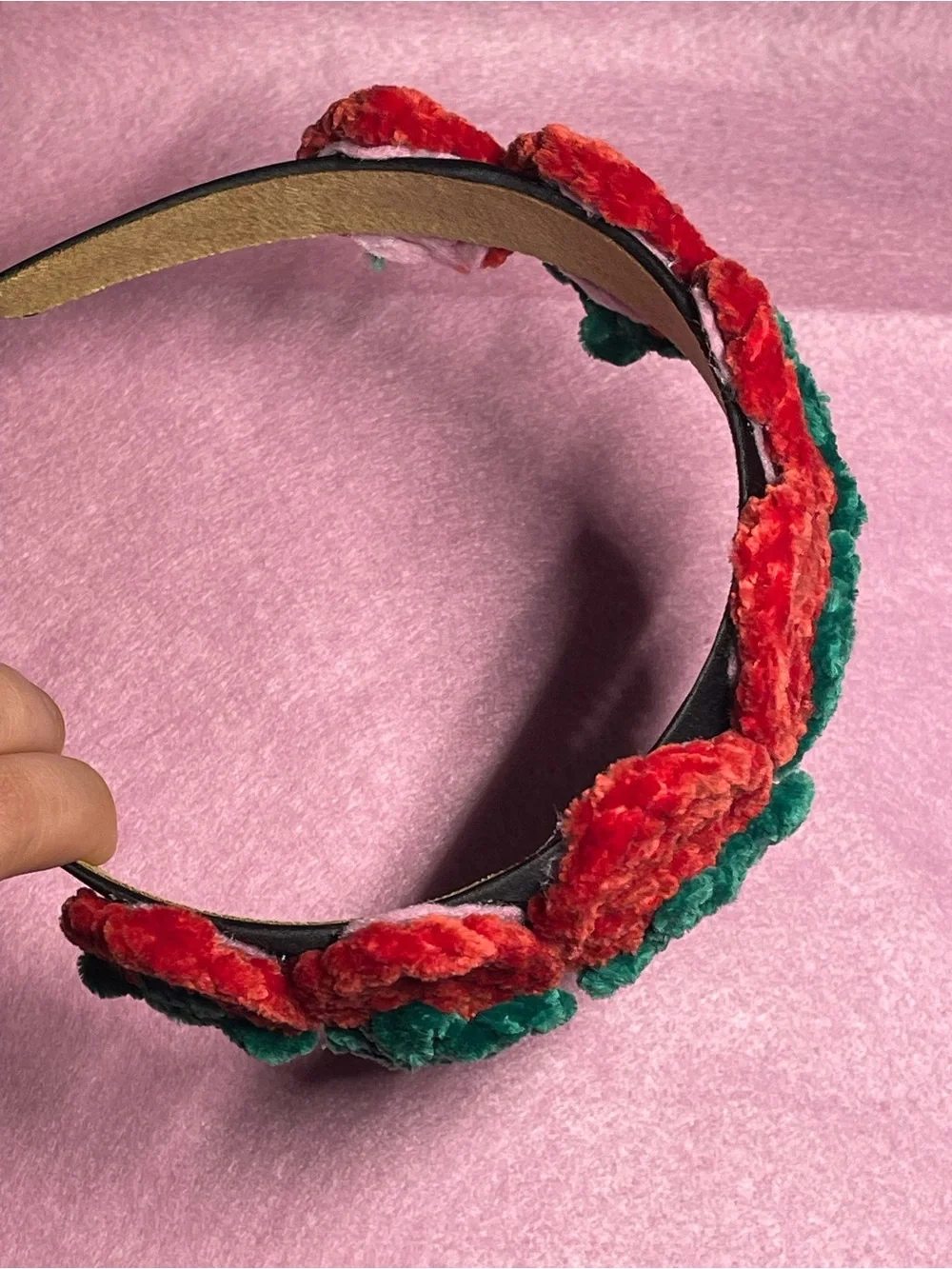 Handmade Red & Green Crochet Strawberry Headband - Women's Hair Accessory